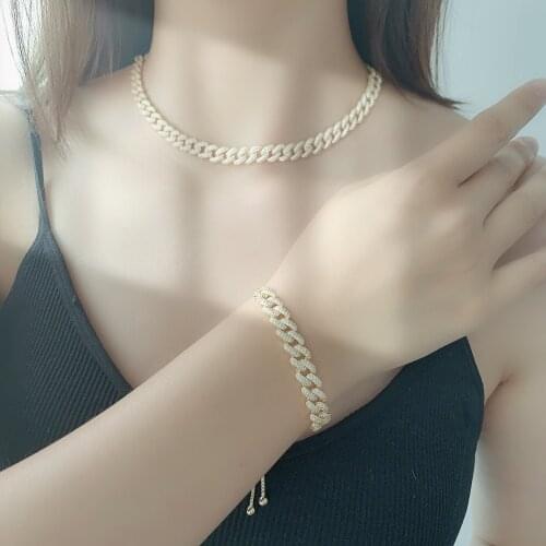 Statement Cuban Link Chain Choker Necklace Bracelet 2pcs Bridal Zirconia Necklace Sets For Women Jewelry sets JL1435