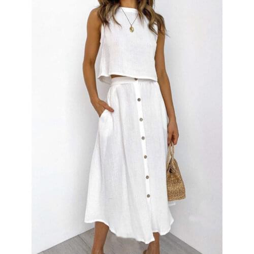 Women Casual Long Two Piece Suit O Neck Sleeveless Solid Color Buttons Pocket Office Lady Daily Travel Shopping Elegant 2021 New