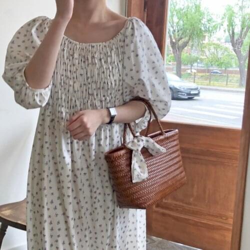 Summer Dress Women Flowers Slash Neck Puff Sleeve Cotton Dress Casual Elegant High Waist Long White Dresses Chic Vestido 14224