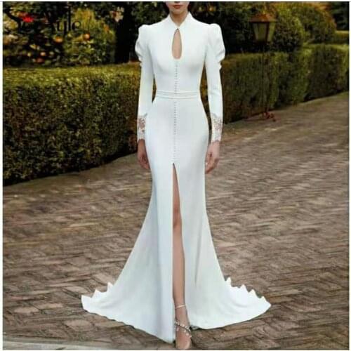 Elegant Long Sleeve Mermaid High Neck Wedding Dresses Slit Floor Length Vestidos de novia Abendkleider Bridal Gowns for Women