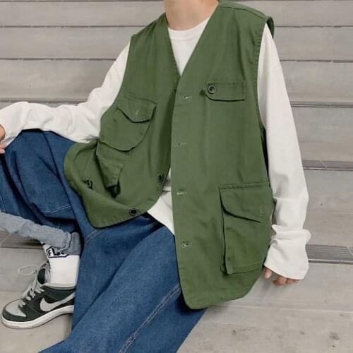 Vest For Men Summer Multi-pocket Overalls Vest Streetwear Hiphop All-match Sleeveless Tops Loose Jacket Trendy Black Army Green