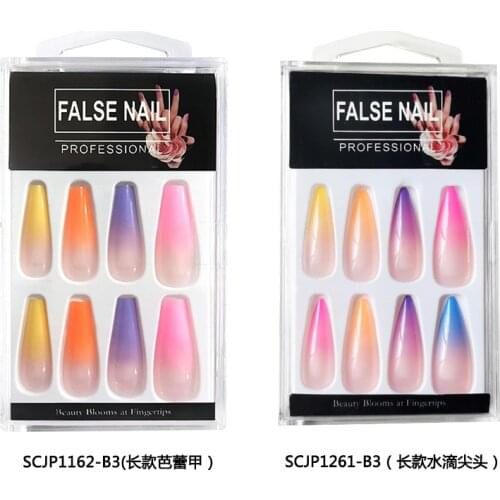 20PCS Long Coffin Fake Nails Gradient Color Ballerina Full Nail Art Tips with Designs Press on Nails Art Fake Extension Tips