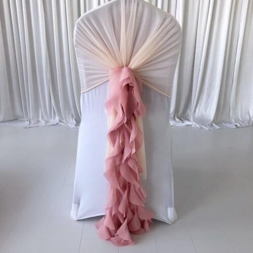 100 PCS Pre tied Romatic Voile Chiffon Chair Sash Ruffled Banquet Chair Cover & Hood Cruly Willow