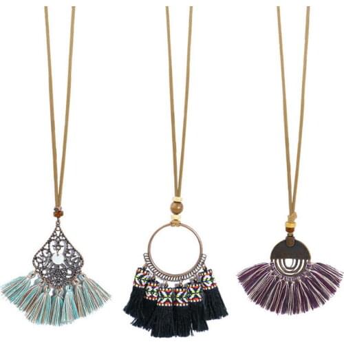 3 pcs 2021 Newest Long Chain Boho Tassel Necklace for Women Fashion Vintage Style Ethnic Colorful Fan Fringe Pendant Necklace