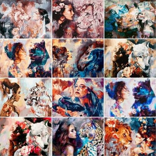 AZQSD DIY Unframe Oil Painting By Numbers Animal Colorful Paint Lion Girl Unique Gift Picture For Living Room Home Decoration