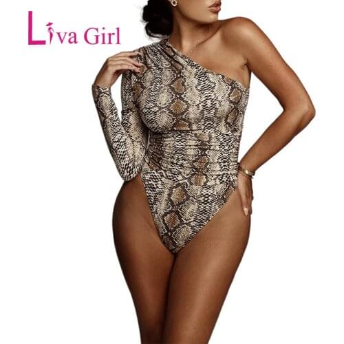 LIVA GIRL Leopard/Snake Print One Shoulder Sexy Bodysuit Woman Fashion Shirring Bodycon Body Suit Female Clothing Club Body Tops