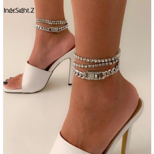 IngeSight.Z Full Iced Out Rhinestone Anklets Bracelets Summer Beach Crystal Anklets On Foot Barefoot Sandals for Women Jewelry