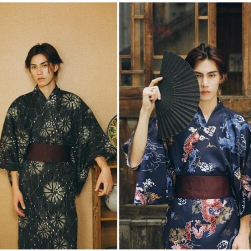 6pcs Set Mens Japanese Traditional Kimono Retro Japan Style Bathrobe Summer Yukata Home Wear Cosplay Clothing