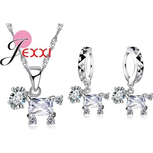 Cute Crystal Hourse Pendant Necklace Drop Earrings Set Wedding 925 Sterling Silver Jewelry Sets Cubic Zirconia Collar