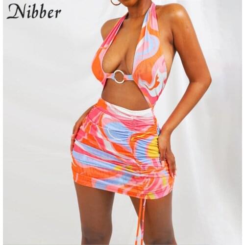 Nibber Y2k Retro Print Mini Dress Women Sexy Bandage Sleeveless Backless Bodycon Dresses Summer Beach Vacation Party Clubwear