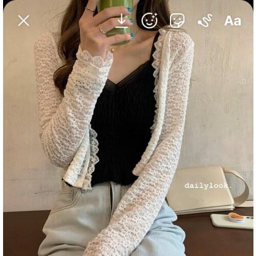 Solid Color Lace Korean Style Fashion Cardigan For WomenS Ladies Autumn Winter 2021 Clothes Women Sweater Tops Blouse Female