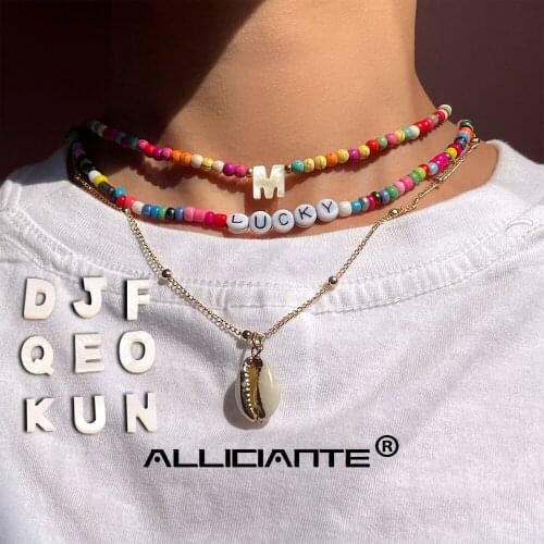 3 Pcs Shell 26 Initials Turquoise Beaded Necklace For Women Colorful Bead LUCKY Letter Choker DIY Name Layered Necklaces Jewelry