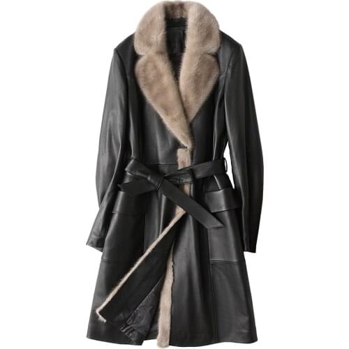 2020 New Genuine Leather Women Winter Real Mink Fur Collar Sheepskin Coat Womens Down Jacket Long Macaw KJ706