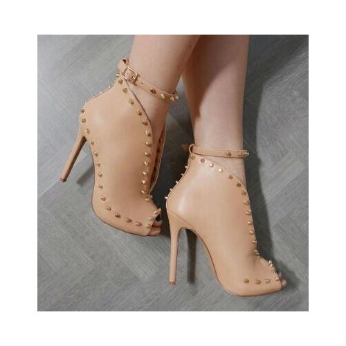 Nude Sexy Booties cow pattern rivets decoration peep toe womens ankle boots fashion stiletto super high heel spring fall boots