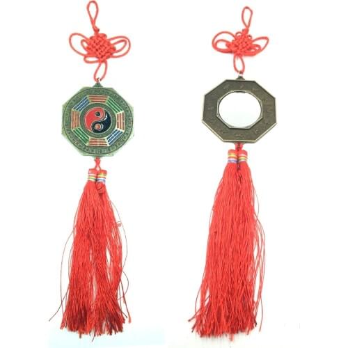 ANGRLY Chinese Zodiac Bagua Mirror Charm Feng Shui Lucky Blessing Chinese Knot Car Decor Pendant Metal Handicraft Decoration