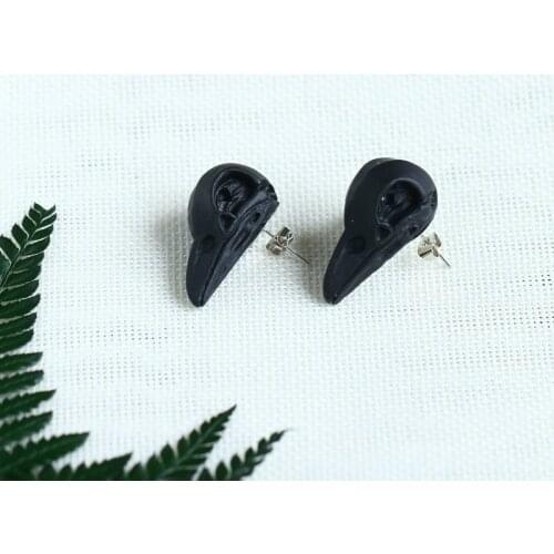 Raven Skull Earrings, Pierced Ears, Ear Lobe, Studs, Gifts, Halloween, Black, Skull, Gifts,Dark Style,Unique Handmade Jewelry