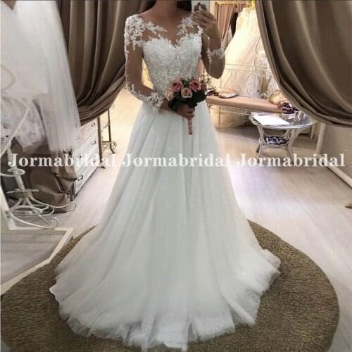 Chic Lace Appliques Plunging Tulle Wedding Dress Scoop Neckline Sheer Long Sleeves A Line Glitter Mesh Beach Bride Dress 2021