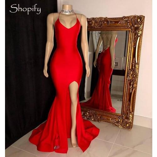 Sexy Mermaid Style Backless African Black Girls Hlater Red Satin Long Simple Prom Dresses 2021