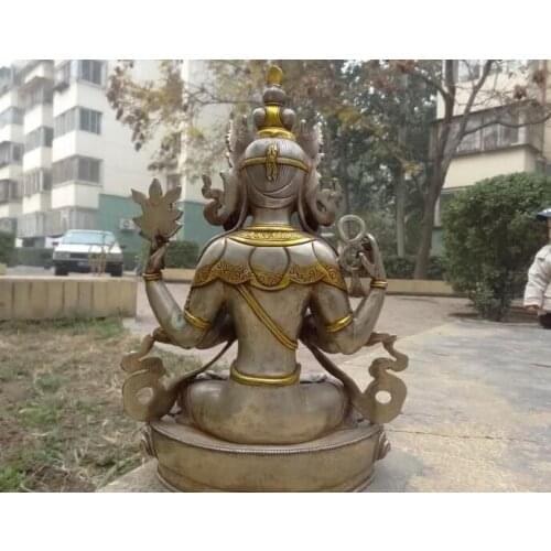 Tibet Fane Buddhism Silver Gilt Four Arm Hands Avalokitesvara Bodhisattva Buddha