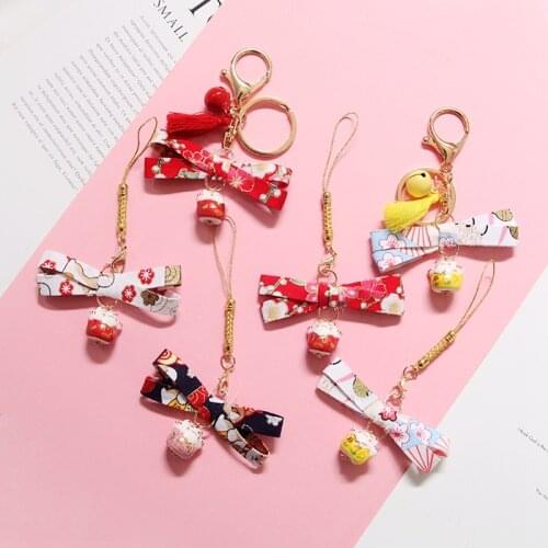 Tranditioal Anime Maneki Neko Lucky Fortune Cat Ceramic Keychain Key Chain Bowknot Fringes Tassels Bag Pendent For Women D585