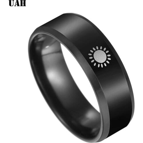 UAH Black Titanium Stainless Steel Ring Sun Islam Religious Men Band Punk Rings Dad Father Boy Jewelry Size 6-12