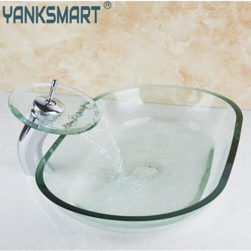 YANKSMART Oblong Rectangle Glass Bathroom Sink Washbasin w/Tap Waterfall Mixer Faucet Lavatory Bath Sink Set