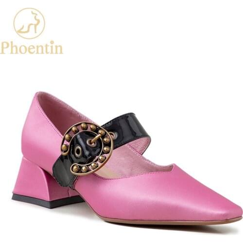 Phoentin pink buckle mid heel shoes woman 2021 new arrival belt mary jane satin square toe ladies shoes female beige color FT851