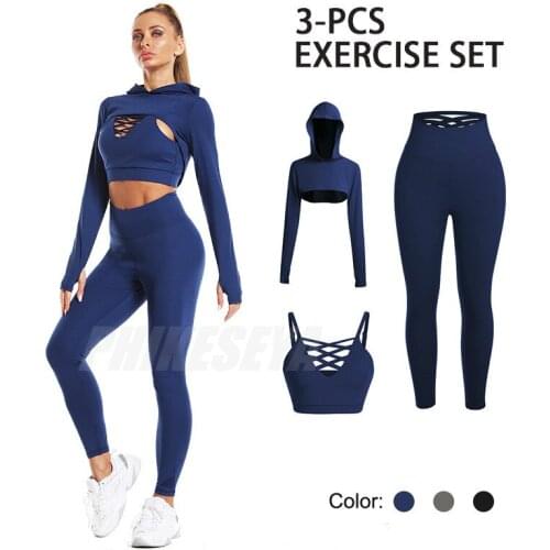 Women Naked Seamless Sport Sets Yoga Suit Sexy Fitness Running Lift Hips High Waist Pants Long Sleeve Top With Cap 3Pcs/Set