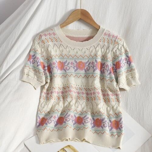 Temperament Floral Pullover Round Collar Slim Knitted Sweater Summer Clothes New Hollow Out Thin Korean Sweet Tops Female