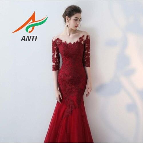 ANTI Burgundy Long Evening Dress Mermaid Scoop Neck Half Sleeve Lace Applique Satin New Formal Party Gowns robe de soiree LM527