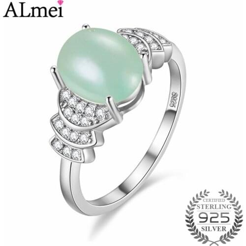 Almei Genuine 925 Sterling Silver Wedding Ring Oval Jade Beads Rings for Women Fine S925 Rings Jewelry Gift with Box 40% FJ034