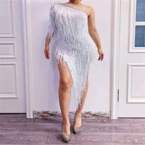 T90 Catwalk pole dance dresses women sexy white tassel outfits birthday celebrate skirt party wears rave ds clothing tassels bar
