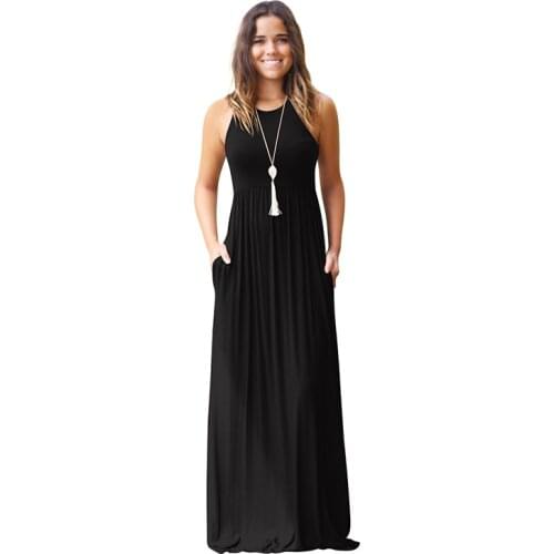 ASHEYWR Women Maxi Dress O-Neck Sleeveless Summer Dresses Female Solid Casual Loose Dress With Pockets Long Dress Woman