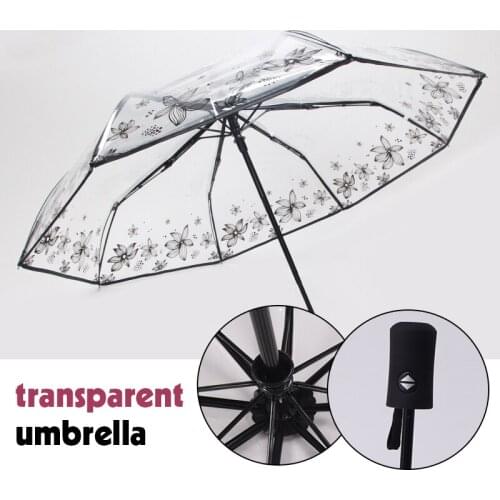 Ladies Small Fresh Portable Clear Automatic Umbrella Long Handle Transparent Parasol Three-fold Rain Umbrella