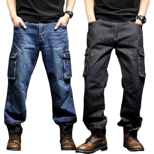 Jeans Men 2020 summer Multi-pocket overalls Mens Black jeans Loose Straight large size 29-46 Wear-resistant jeans Biker jeans