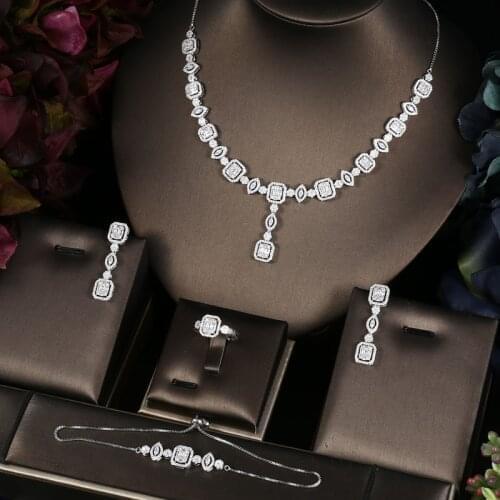 Janekelly 4pcs Bridal Zirconia Full Jewelry Sets For Women Party, Luxury Dubai Nigeria CZ Crystal Wedding Jewelry Sets
