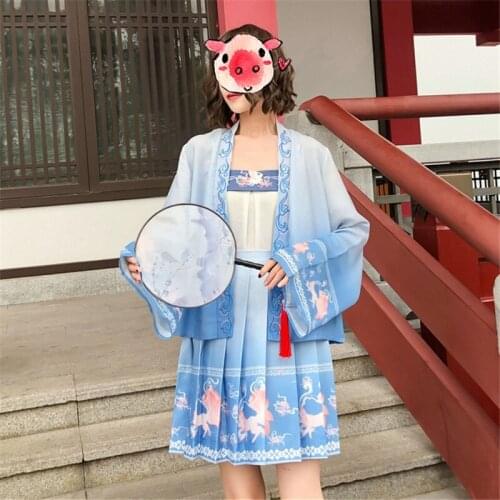 Hanfu Three-Piece Set Girls Improved Chinese Style Traditional Fairy Folk Kimono Summer Short Skirt Suit Chinese Clothes KK3673