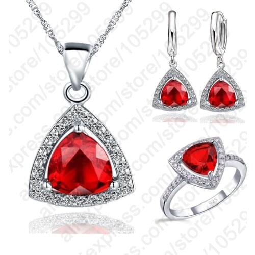 Red Jewelry Sets Fat Triangle Cubic Zirconia CZ Stone 925 Sterling Silver Earrings Necklaces Finger Rings US 6-9