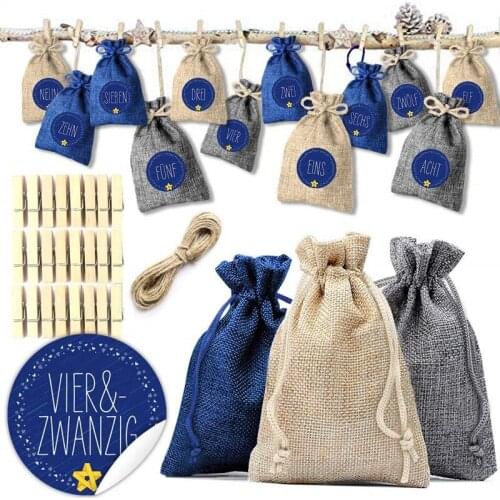 24pcs Kids Christmas Gift Bag Drawstring Bag Candy Bag with Rope Number Cards Clips for wedding Birthday party