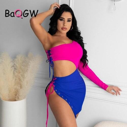 BaQGW Summer Lace Up Patchwork One Shoulder Mini Dress Sexy Bodycon Club Outfit for Women Long Sleeve Hollow Out Bandage Dresses