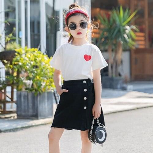 Fashionable Girls Clothes Kids Clothes Summer Suit Black White Heart T-shirt +skirt New Big Girls Clothes 4 5 7 8 9 11 12 13 Yrs