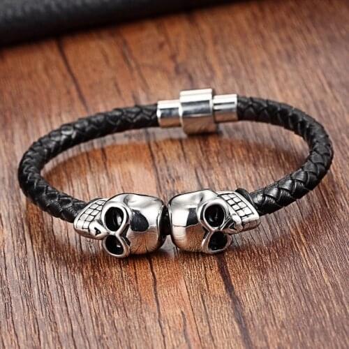 Chain Bracelet Men Magnet Skull Stainless Steel Rope Bracelets Genuine Leather Bracelets Fashion Leather Bracelet for women Male