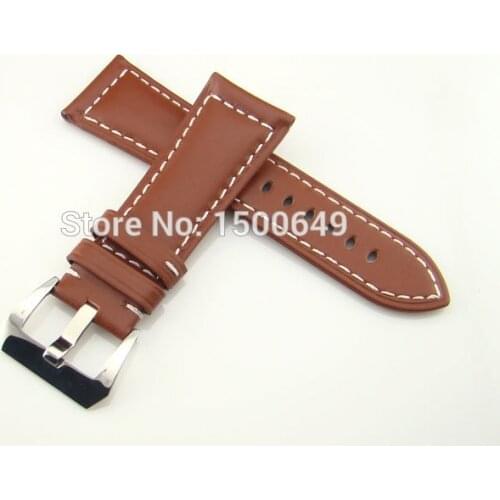 26mm polishes buckle Brown Leather watch belt strap fit mens watch case