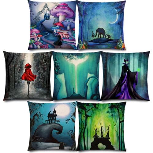 New Alice Dreams Cute Cat Magical Moon Night Wonderland Emerald Forest Witches Halloween Dance Cushion Cover Pillow Case