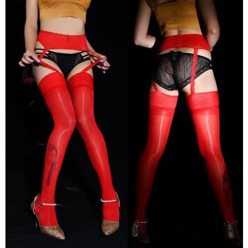 Luxury Sexy One Piece Stockings Set With Garters Belt Wedding 8D Lace Top Oil Shiny Tights Nylon Crotchless Pantyhose Lingerie