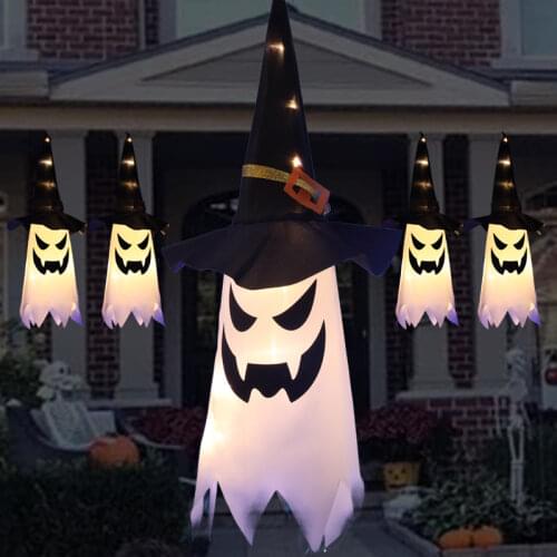Halloween Decoration LED Flashing Light Gypsophila Ghost Festival Dress Up Glowing Wizard Ghost Hat Lamp Hanging Lantern Decor