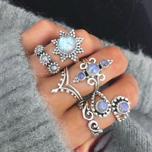 Pack of 6 combination knuckle rings with vintage carved flower and faux acrylic gem design in burnished