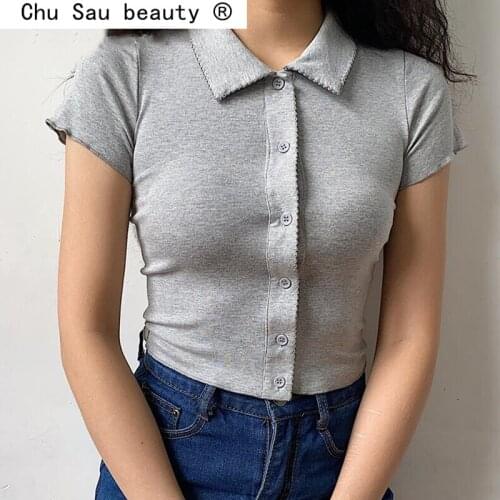 2021 New Fashion Harajuku Wave line Lapel Women T-shirt Gothic Gray Vintage Center Buttons tshirt Turn Down Collar Cropped Tee