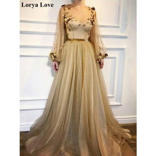 Elegant Long Sleeves Prom Dresses 2021 Women Green Formal Party Night Vestidos A-Line Robe Appliques Sequins Tulle Evening Gowns