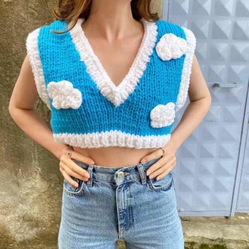 2021 Summer Autumn Knitting Decoration Crochet Vest Sweater Mujer Sexy Sleeveless V Neck Autumn Pullover Crop Top